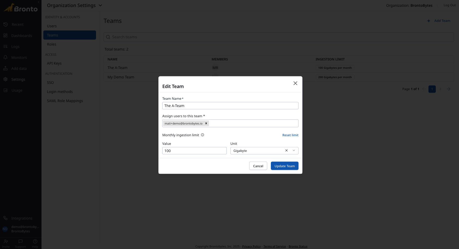 assign limits to teams